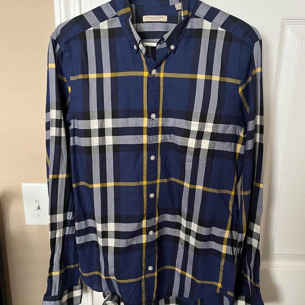 Burberry Navy and Yellow Plaid Button Down Shirt